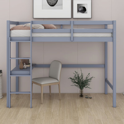Twin High Loft Bed, Rubber Wood Loft Bed With Safety Guardrail, Built-In Desk, Ladder