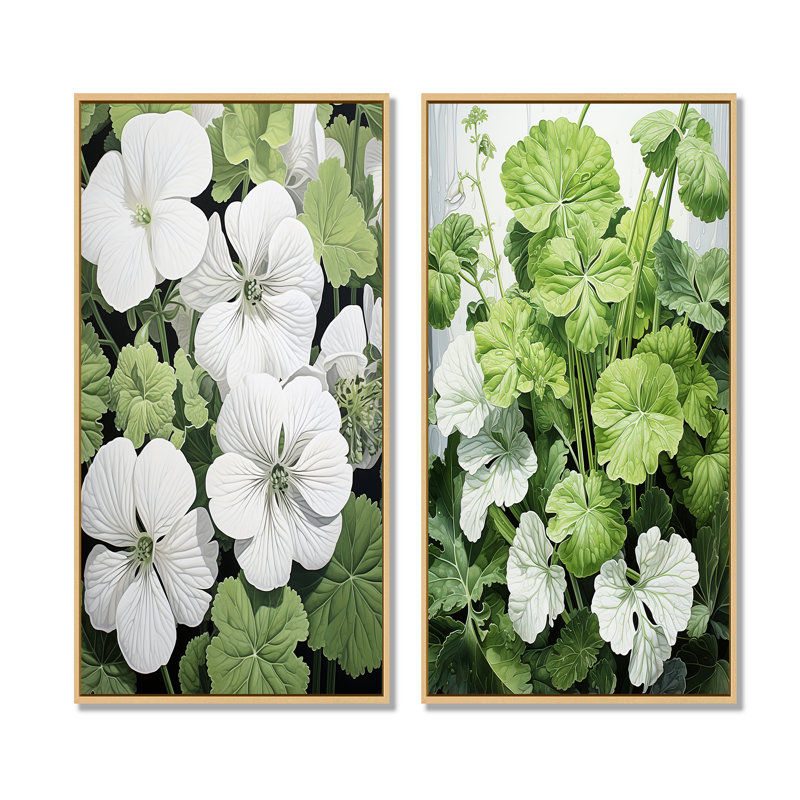 Minimalisme blanc et vert géraniums - ensemble de 2 impressions sur toile géraniums, Encadrement brun, H 28 po x l 25 po
