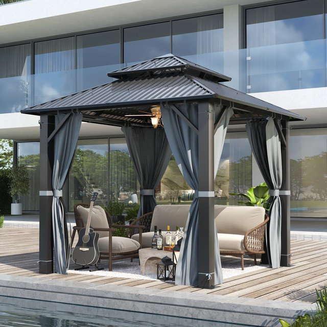 8.5 ft. W x 8.5 ft. D Outdoor Aluminum Patio Gazebo - Galvanized Steel Hardtop Gazebo with Netting & Curtains