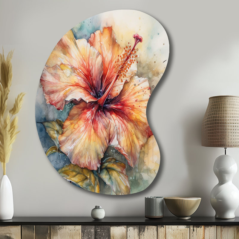 Hibiscus Euphoria II gris orange - art mural en métal, forme irrégulière, H 39 po x l 28 po x P 1 po