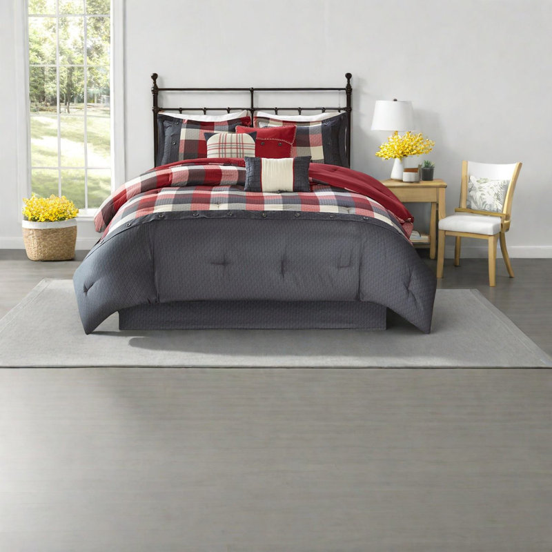 Ensemble de literie confortable pour très grand lit rouge, chevrons en polyester, style maison de campagne