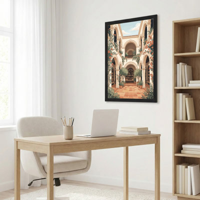 Art mural sur toile noir encadré pour le salon, la chambre à coucher, le bureau ou le vestibule - Décoration murale décorative avec architecture de cour