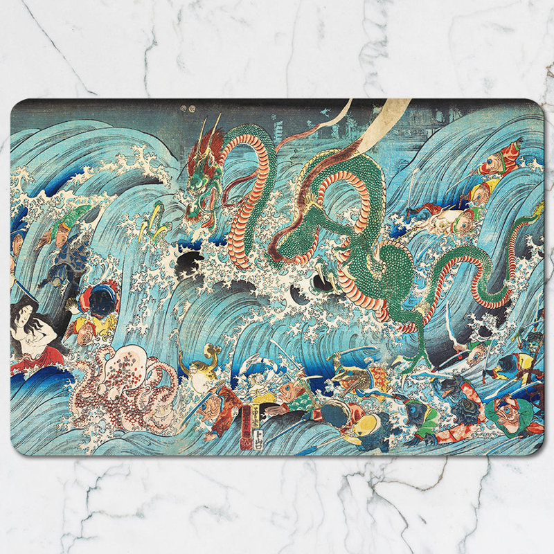 Japanese Dragon Wave Placemat And Coaster Set Ukiyoe Art