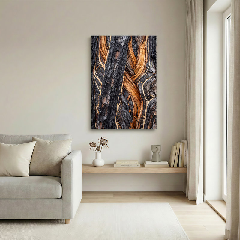 «Burnt Tree Bark», art mural noir et orange sur toile, 36"H x 24"W