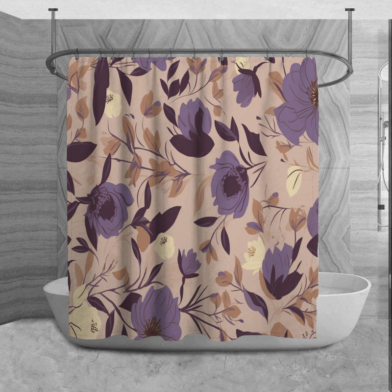 Floral Shower Curtain Botanical Bath Mat Purple Bathroom Decor, 84" H x 70" W
