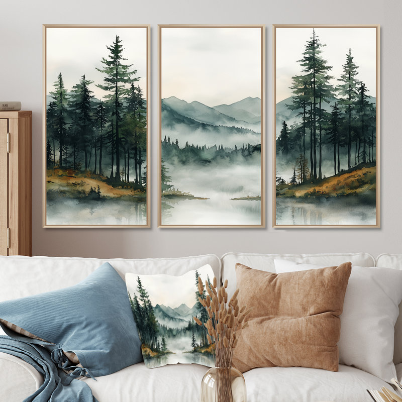 «Green Pine Trees Mist Morning I», ensemble d'art mural pin, H 28 po x l 36 po x P 1 po, Toile naturelle avec cadre flottant