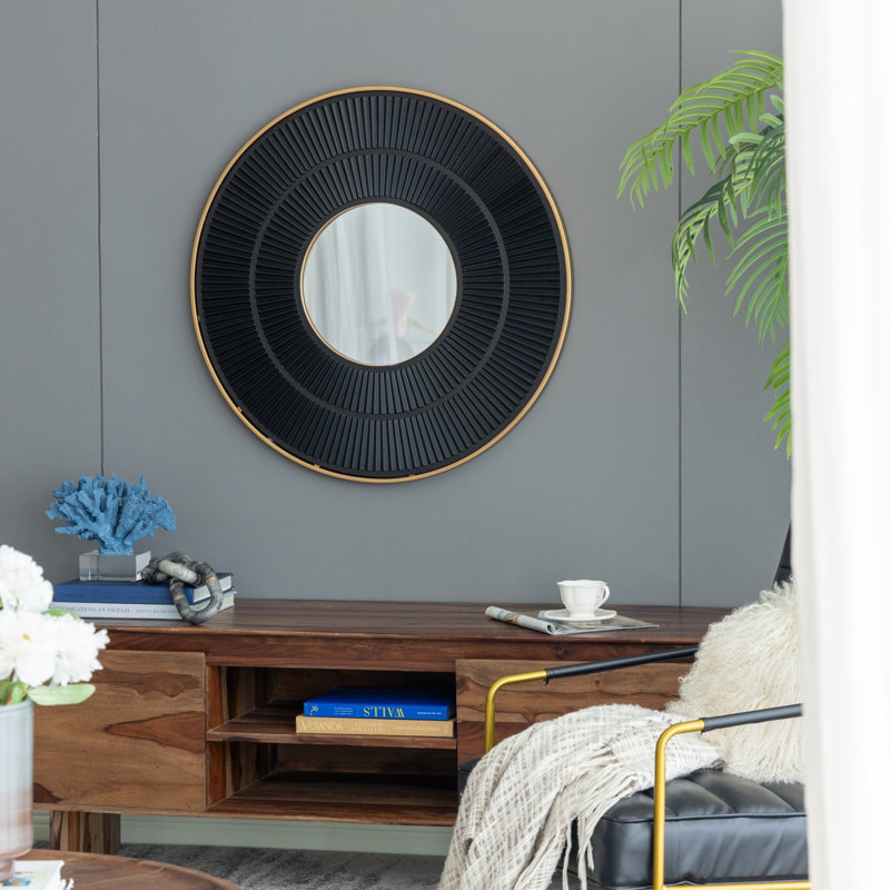 31.5X1x31.5" Round Carter Wooden Mirror With Iron Frame Neutral Colorway Wall Decor For Live Space, Golden Black