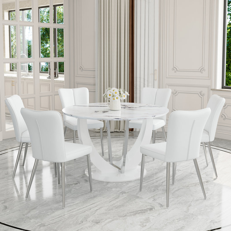 Ensemble de table de salle à manger 47,2 po, table de salle à manger moderne avec chaises à dossier haut en similicuir, Blanc