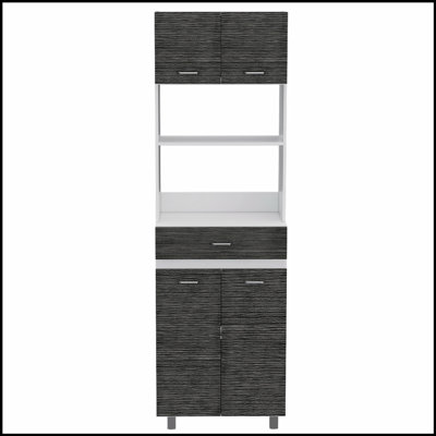 Pembrooke 2-Shelf 1-Drawer Microwave Pantry Cabinet in Smokey Oak, Combining Storage and Style for Modern Kitchens.
