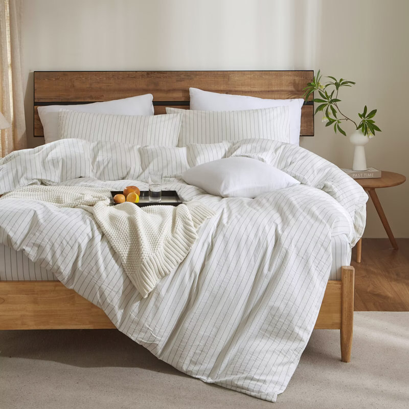 XINMIANFANG Striped Duvet Cover Set 100% Washed Cotton Comforter Cover for All Seasons Linen Feel Bedding Set, White/Green