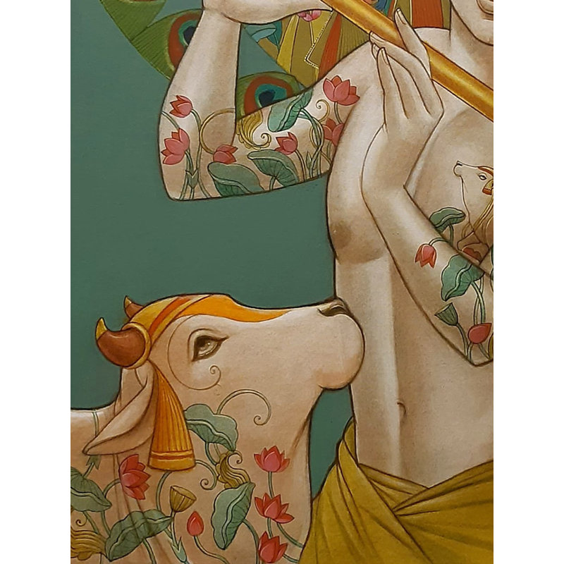 Divine Flute Mixed Media Painting on Canvas – 36"x36" Spiritual Indian Artwork by Sukanta Das