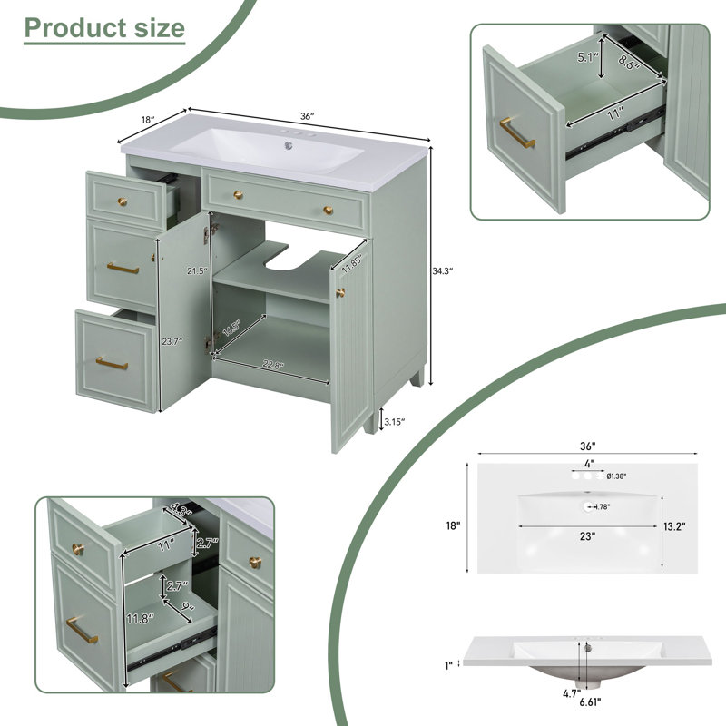 Meuble-lavabo 36 po avec comptoir en céramique, Vert