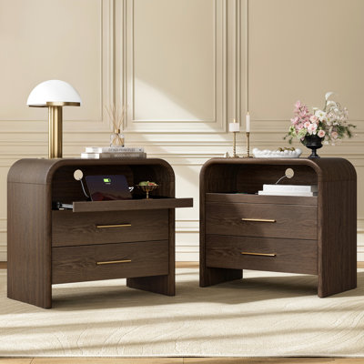 27" Wide Modern Curved Nightstand with Charging Station, 2 Drawers, Open Shelf and Pull-Out Tray for Bedroom (Set of 2)  