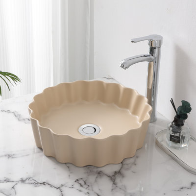 Atelier 15 in. Round Contemporary Scalloped Ceramic Bathroom Vessel Sink, Beige Matte Fluted Above Counter Vanity Basin