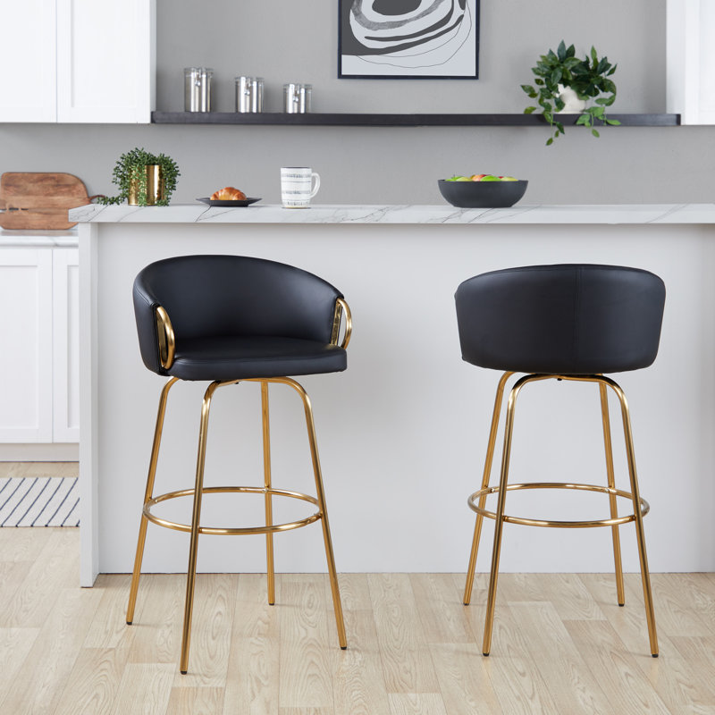 Laurenzio Fixed-Height Faux Leather Bar & Counter Stool, Bar Stool (30” Seat Height), Gold, Black