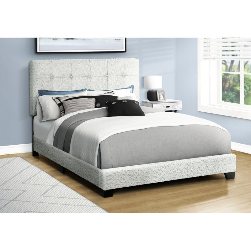 Transitional Grey Boucle Upholstered Full Size Bed Frame, Engineered Wood, Button - Headboard, Low Profile, Comfort, Quick Assembly Task Frame In Style, Boucle, Black Block Feet, Construction, Hassle