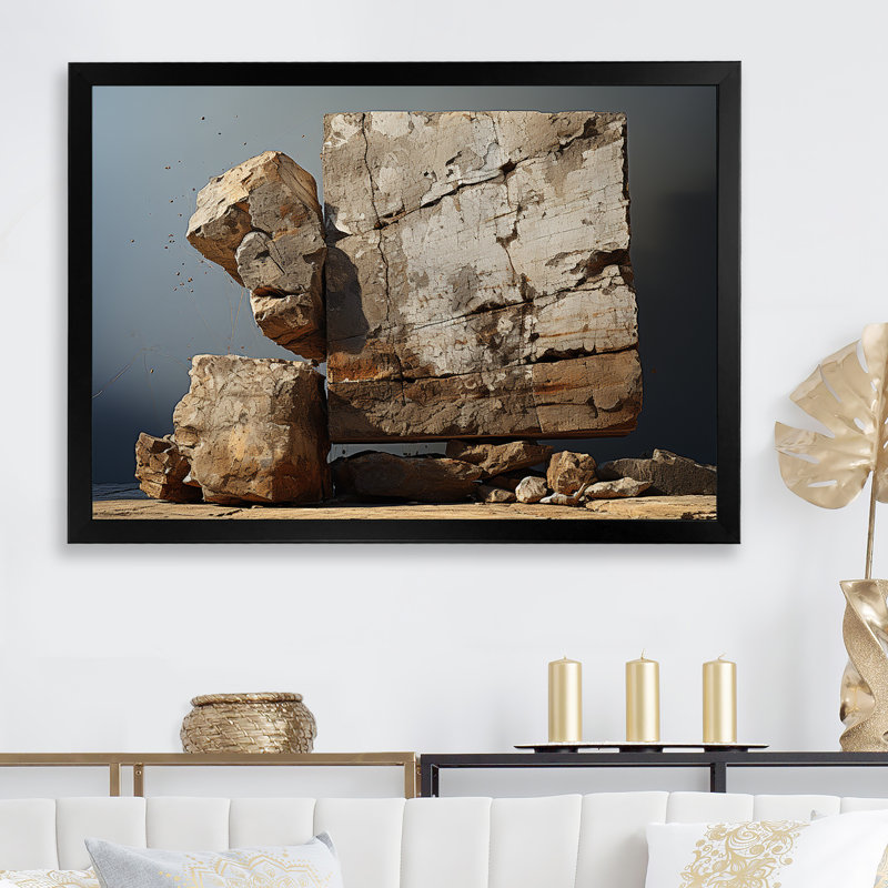 «Brown Stone Geode Minimalisme Charm», reproduction sur toile, Cadre simple noir, H 30 po x l 40 po x P 1,5 po