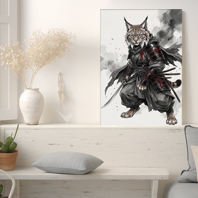 «Samurai Lynx in Black and White Ink Wash», art mural sur toile, H 18 po x l 12 po