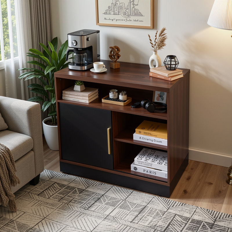 Adonia 31.5"W Wood Storage Cabinet With Door For Home Office With Adjustable Open Storage Shelves, Black Walnut