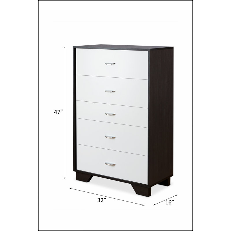 Commode 5 tiroirs Eloy à finition blanche et espresso avec rangement spacieux et fabrication durable pour les chambres modernes