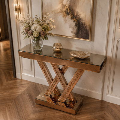 29.84-inch brown mirrored entryway table featuring a crushed-diamond inlay design—a glamorous decorative piece for living rooms, hallways, or behind the sofa.