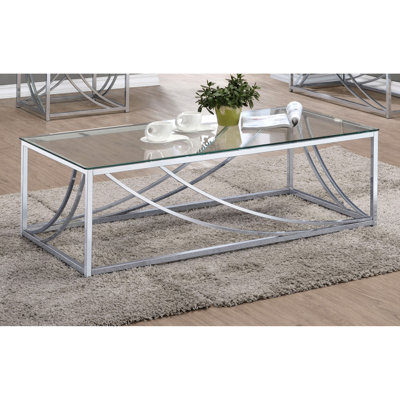 Table rectangulaire rectangulaire en verre avec pieds en métal pour l'espace de vie principal - 17 pouces de hauteur, 46,4 de largeur, 23,5 de profondeur, conception moderne, base stable en hauteur, largeur, profondeur, surface réfléchissante,