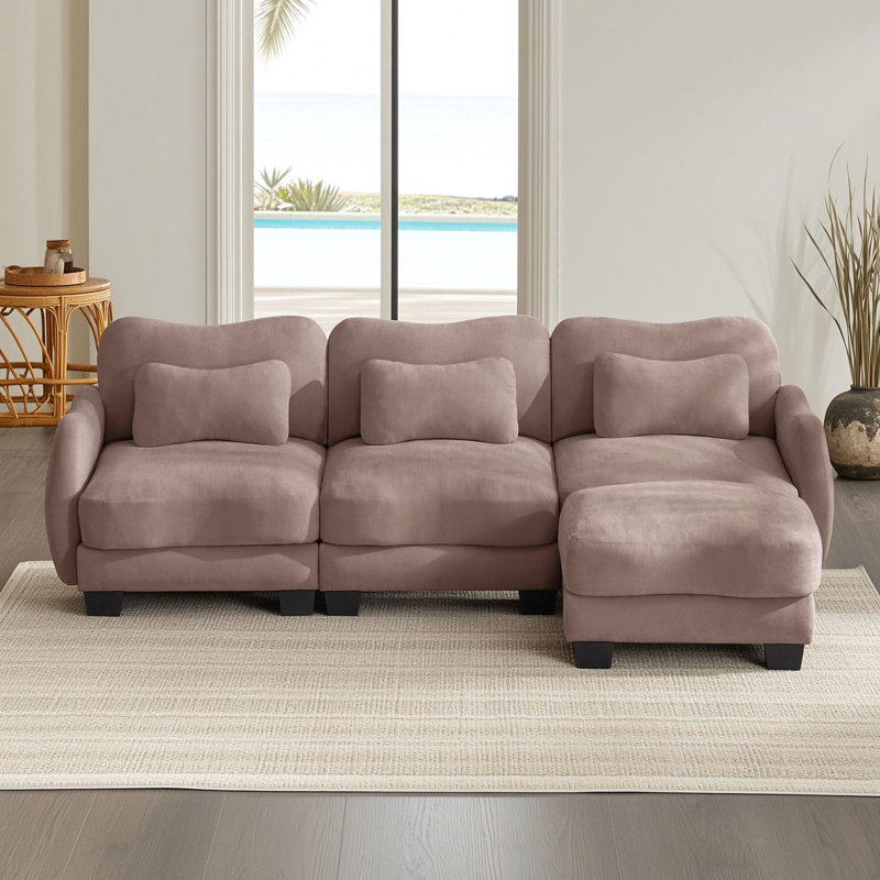 Canapé d'angle trois places en chenille avec pouf amovible et coussins lombaires, Rose poussière