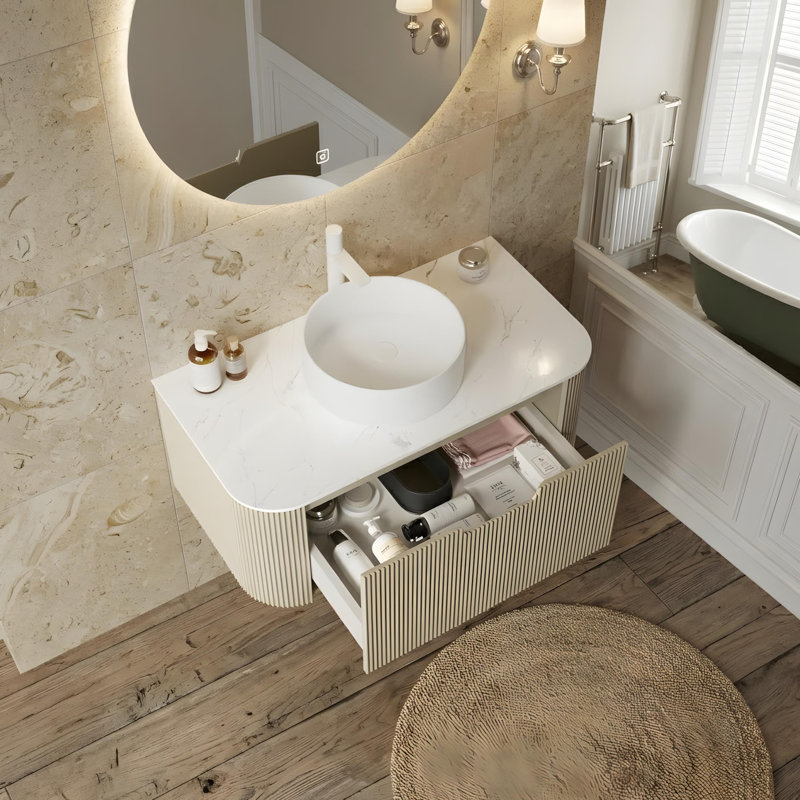 Armoire de salle de bain rayée avec lavabo rond en céramique blanche, 36"