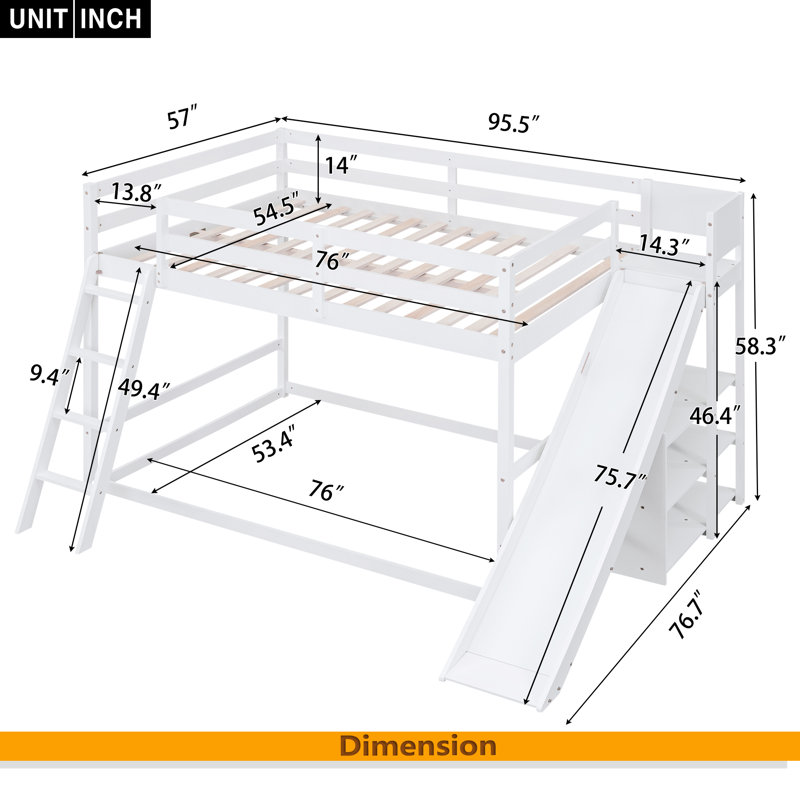 Lit superposé double au-dessus de double avec échelle, glissoire et tablettes, Blanc