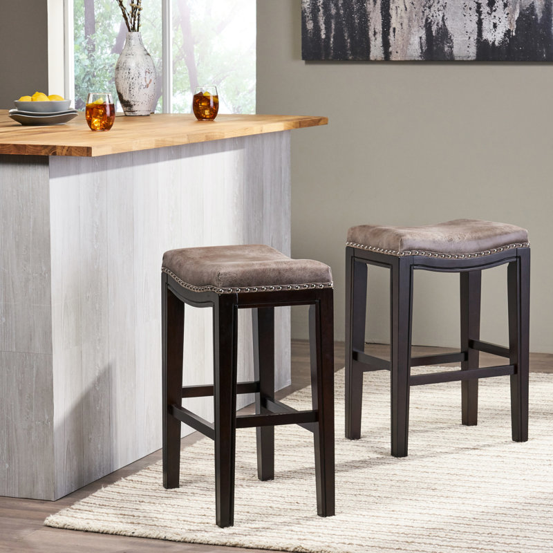 Tabouret de comptoir pliable en tissu gris clouté de 2 places avec siège en bois, idéal pour bistro en plein air, d'une profondeur de 18,25 po, d'une largeur de 12 po, d'une hauteur de 26,75 po, d'un bistro de 12,43 lb