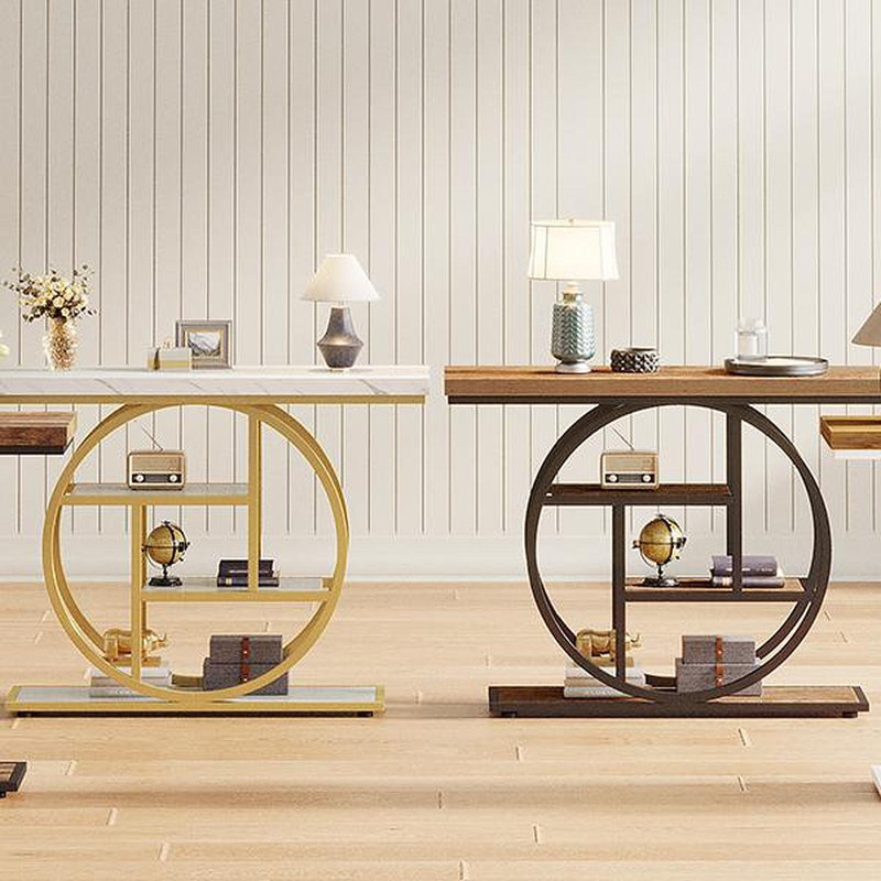 41.3" Industrial Console Table, 4-Tier Rustic Brown Sofa Table With Unique Circle Metal Frame & Storage Shelves, Narrow Entryway Accent Table For Living Room, Hallway, Foyer
