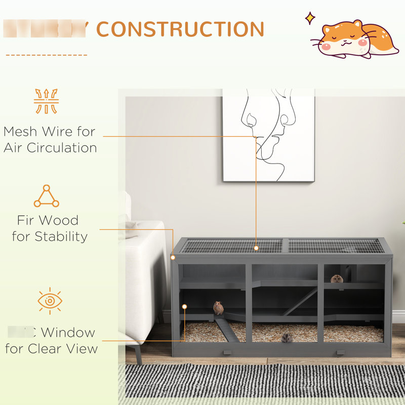 Très grande cage en bois pour hamster - gris, pouvant accueillir des hamsters et des petits animaux, 1000+ pieds carrés Pièce, structure, toit réglable, approche de nettoyage simple dans une maison spacieuse grise pour les animaux avec