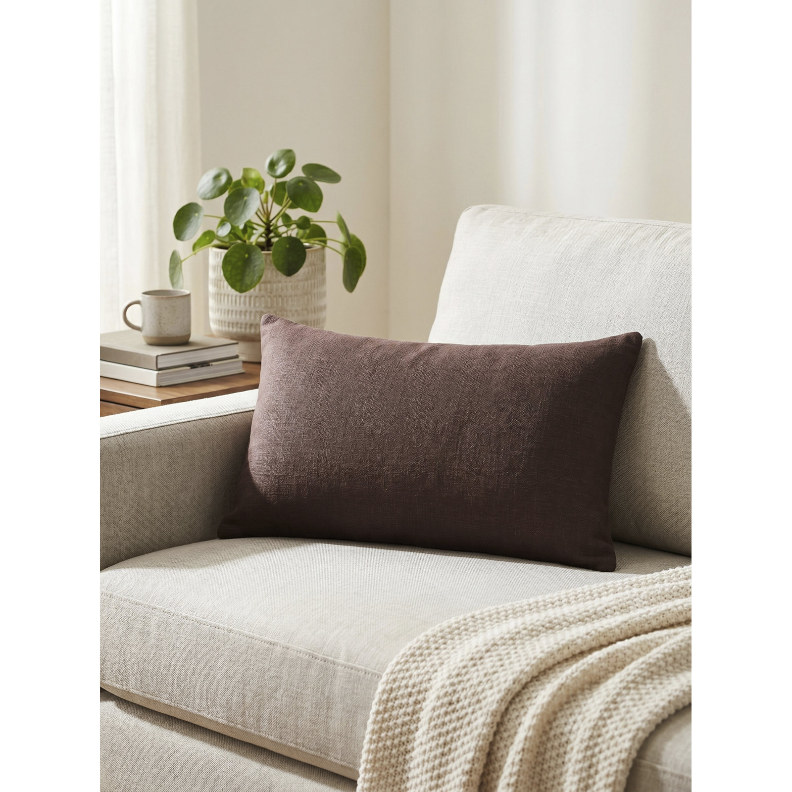 Lanie Linen Pillow Cover, Dark Brown, Rectangle 12"H x 21"W