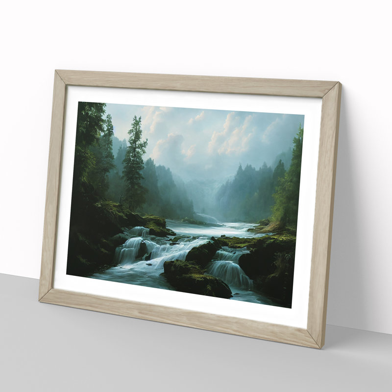 Entrancing Forest Stream 1 Piece Single Picture Frame Wall Art, 46cm H x 64cm W x 2cm D, Oak