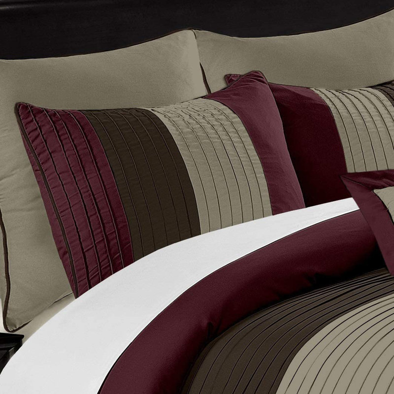 Loft 8-Piece Pleated Stripe Microfiber Comforter Set, Full Comforter + 2 Standard Shams, Burgundy