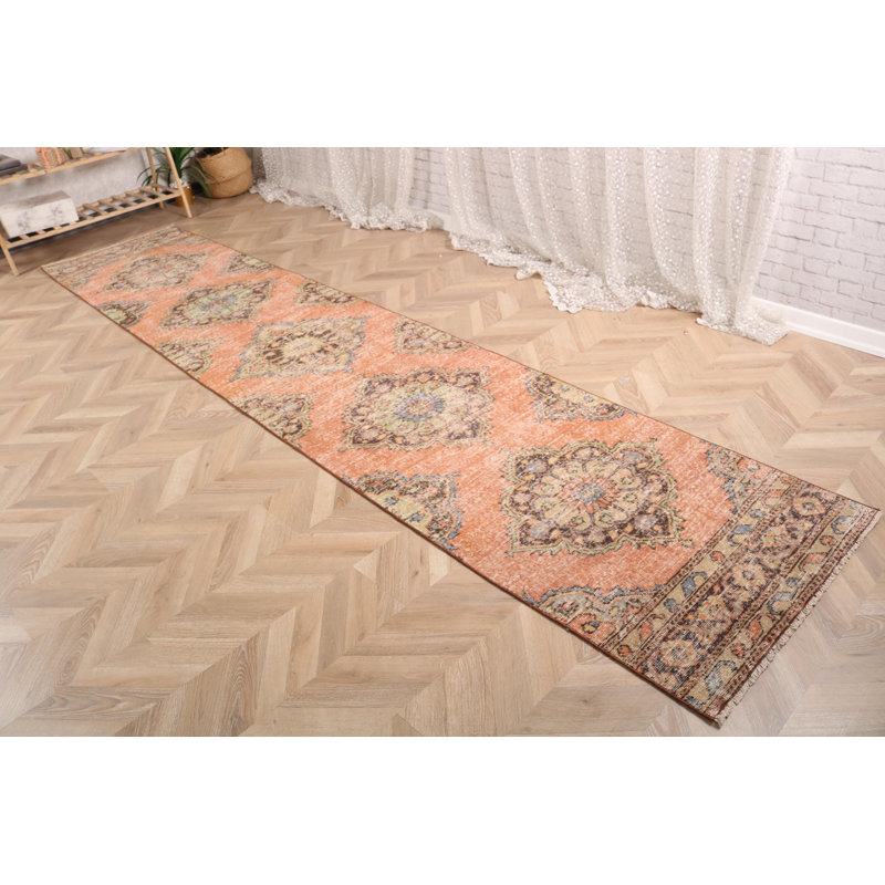 Tapis turc vibrant en laine rétro idéal pour les escaliers ou les couloirs - Tapis orange antique tissé à la main