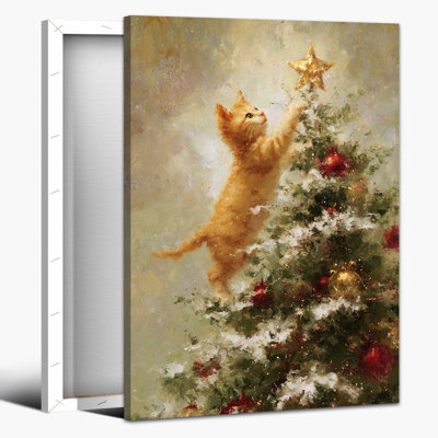 Grande Abiella - peinture de chaton sur un arbre de Noël, impressions sur toile des Fêtes d'hiver, décoration de Noël rétro, œuvre d'art murale prête à accrocher, affiche pour la maison, 20 po x 30 po