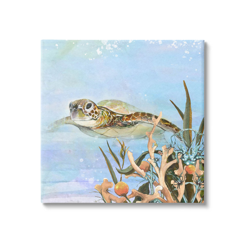 Tortue de mer sous-marine nageant - impression sur toile tendue, H 17 po x l 17 po x P 1,5 po