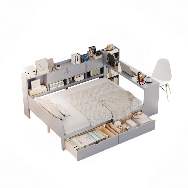 Lit de jour avec 3 armoires de rangement et 2 tiroirs, structure en L en bois avec bureau d'étude et bibliothèque intégrée, lit multifonctionnel pour chambre d'amis
