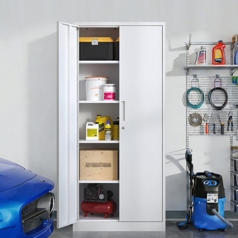 Armoire de rangement en acier blanc avec 4 tablettes réglables et 3 verrous pour le bureau, White