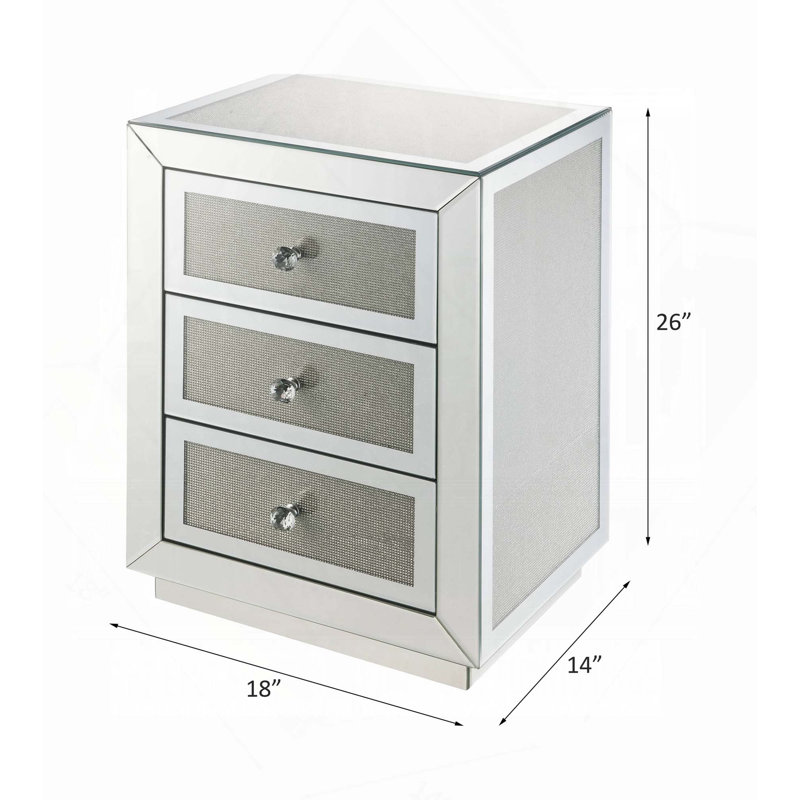 Table de chevet moderne avec 3 tiroirs de rangement avec finition en miroir et incrustation de faux diamants pour un style glamour