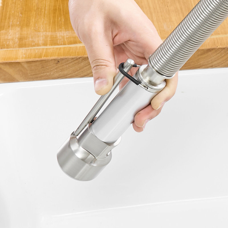 Brushed Nickel Commercial Kitchen Faucet With Resilient Pull Down - Solid Brass For A Fixture In Practical Construction