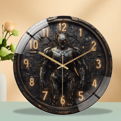 Clock Face With Robot Figure Art - 12'' Modern Glass Wall Clock