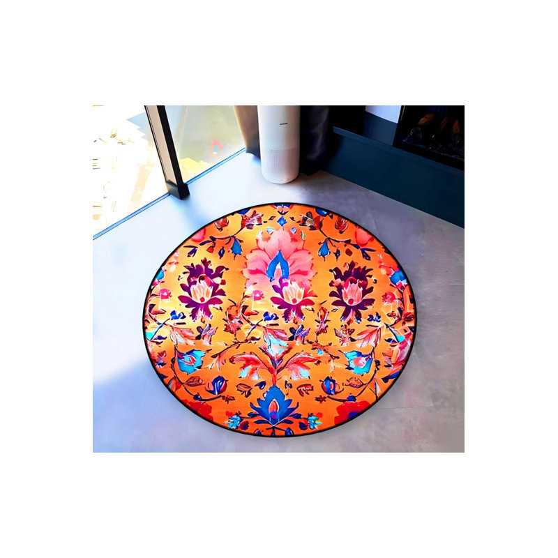 Orange Multicolored Patterned Floral Detailed Woven Base Modern Decorative Carpet, Round 2'8"