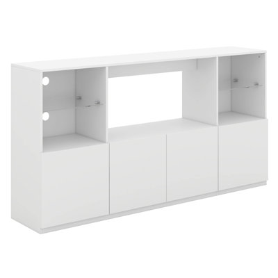 Meuble télé 67 po avec lumières DEL, buffet avec grande armoire de rangement, console multimédia avec tablettes en verre trempé de 67 po, pour téléviseur de 75 po ou moins