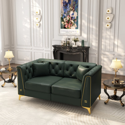 Canapé Chesterfield modulaire 61,8 po à 2 places de luxe, canapé en similicuir capitonné à la main, accoudoirs garnis de métal et pieds minces en métal, comprend 2 coussins pour le salon, un appartement, beige / blanc