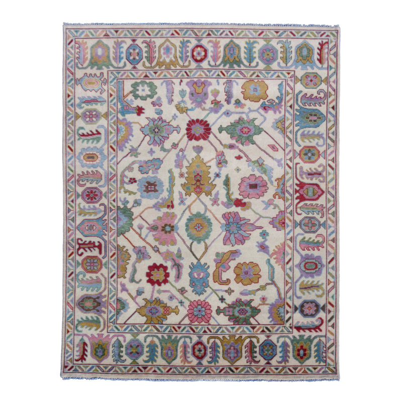 Tapis ivoire en laine noué à la main 8 x 11 po Oushak