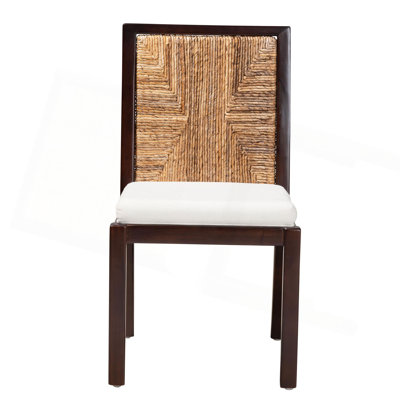 Modern Bohemian Dark Brown Mahogany Wood And Natural Seagrass Dining Side Chair