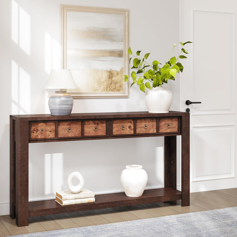 Farmhouse Wooden Console Sofa Table with 2 Drawers & Open Storage Shelf for Entryway Living Room, Red Brown