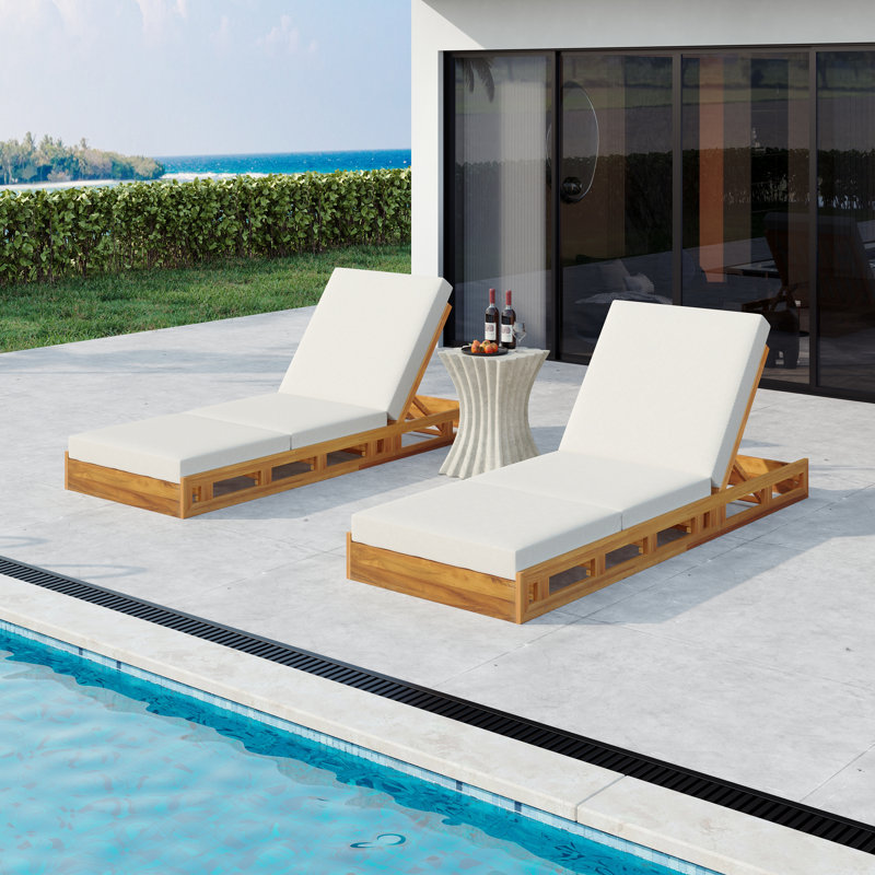 Chaise longue de patio réglable en bois d'acacia avec coussin Hofstetter, Crème, crème